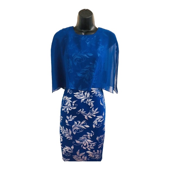 EnFocus studio blue sheer veil cape silver foil print sheath dress size 8P new - Picture 16 of 16